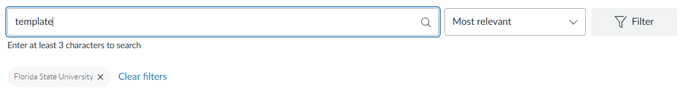 Canvas Commons search bar with the word 'template' typed in and filter selecting for Florida State University.