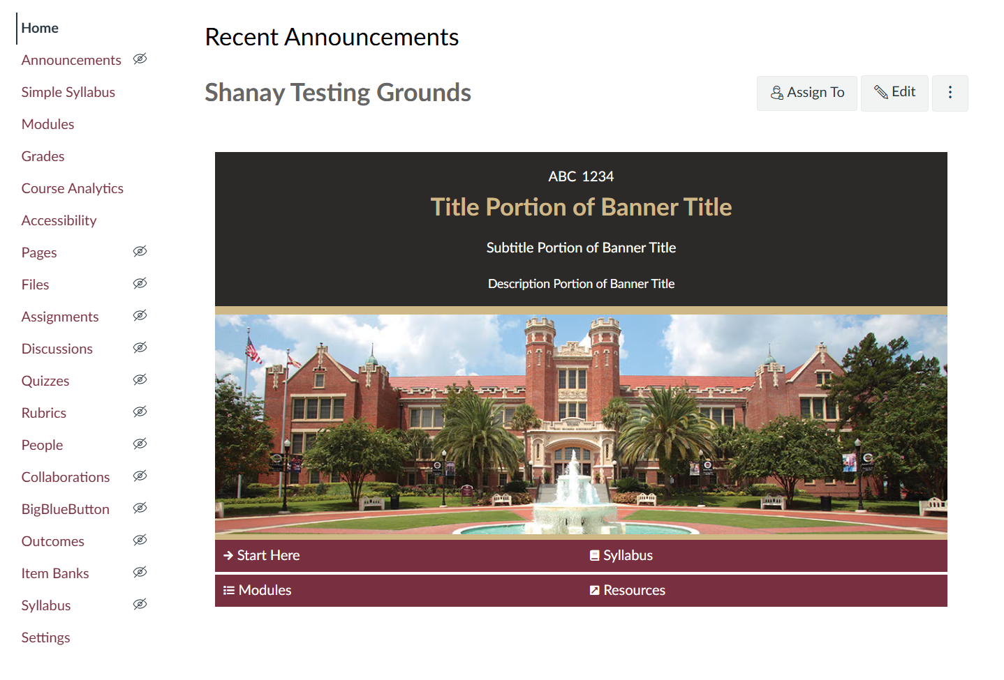 View of the Canvas course home page after the template content has been successfully imported.