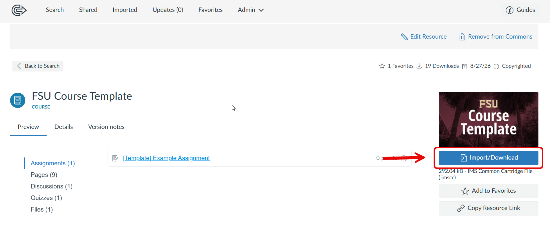The Import/Download button on the FSU Course Template page