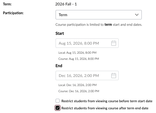 Canvas Participation settings checkbox selected for Restrict students from viewing course after term end date.