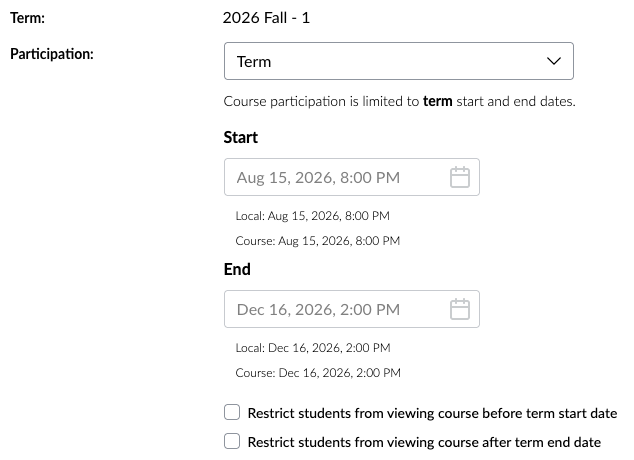 Canvas Course Details settings showing the Term and Participation configuration options.
