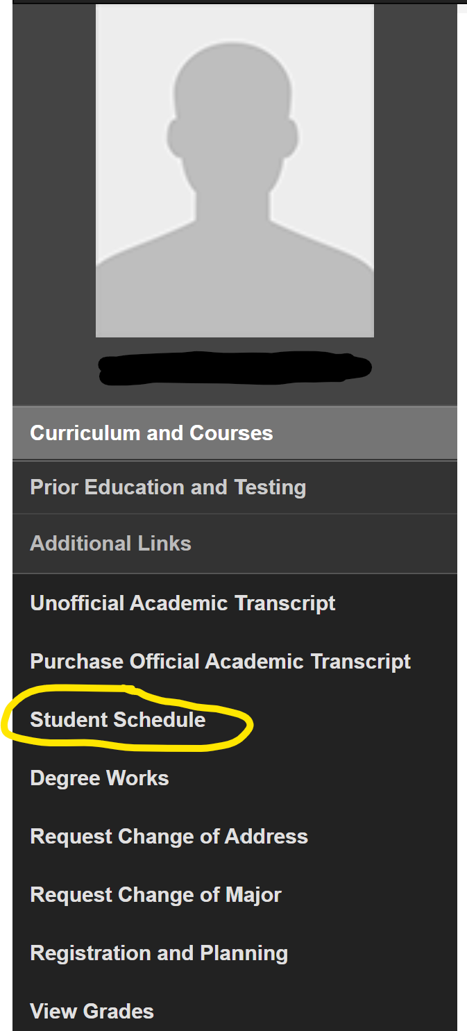 A screenshot of the Student Profile menu with Student Schedule circled