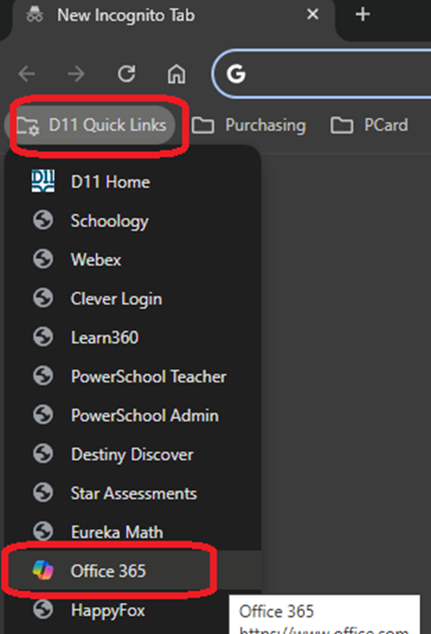Screen shot of computer screen showing D11 quick links