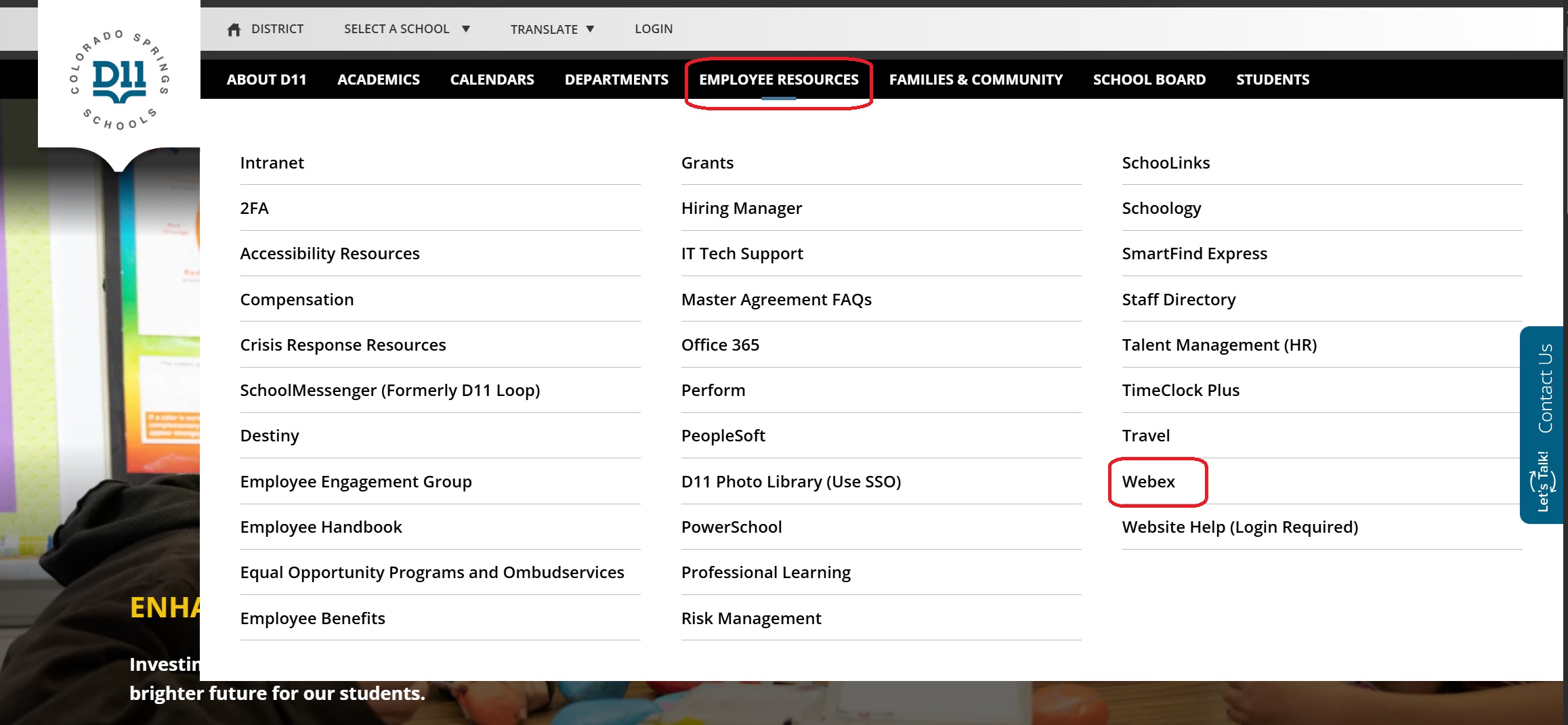 Screenshot of D11 homepage with the employee resources page open and webex circled