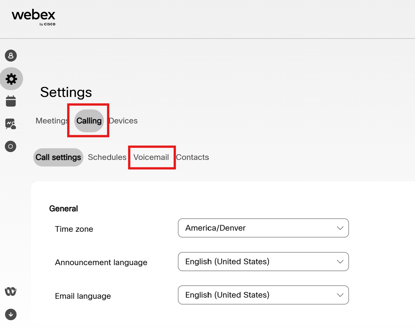 Screenshot of Webex with Calling circled and Voicemail circled