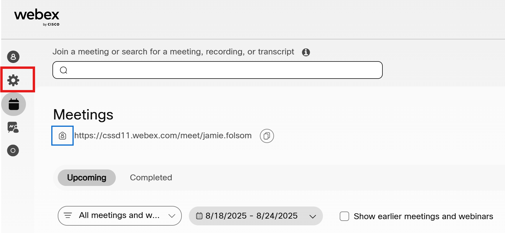 Screenshot of Webex with the settings wheel circled