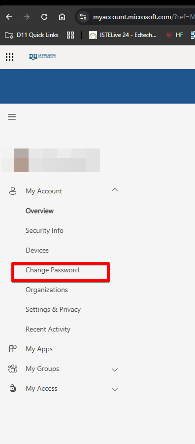 Screen shot of change password option in O365