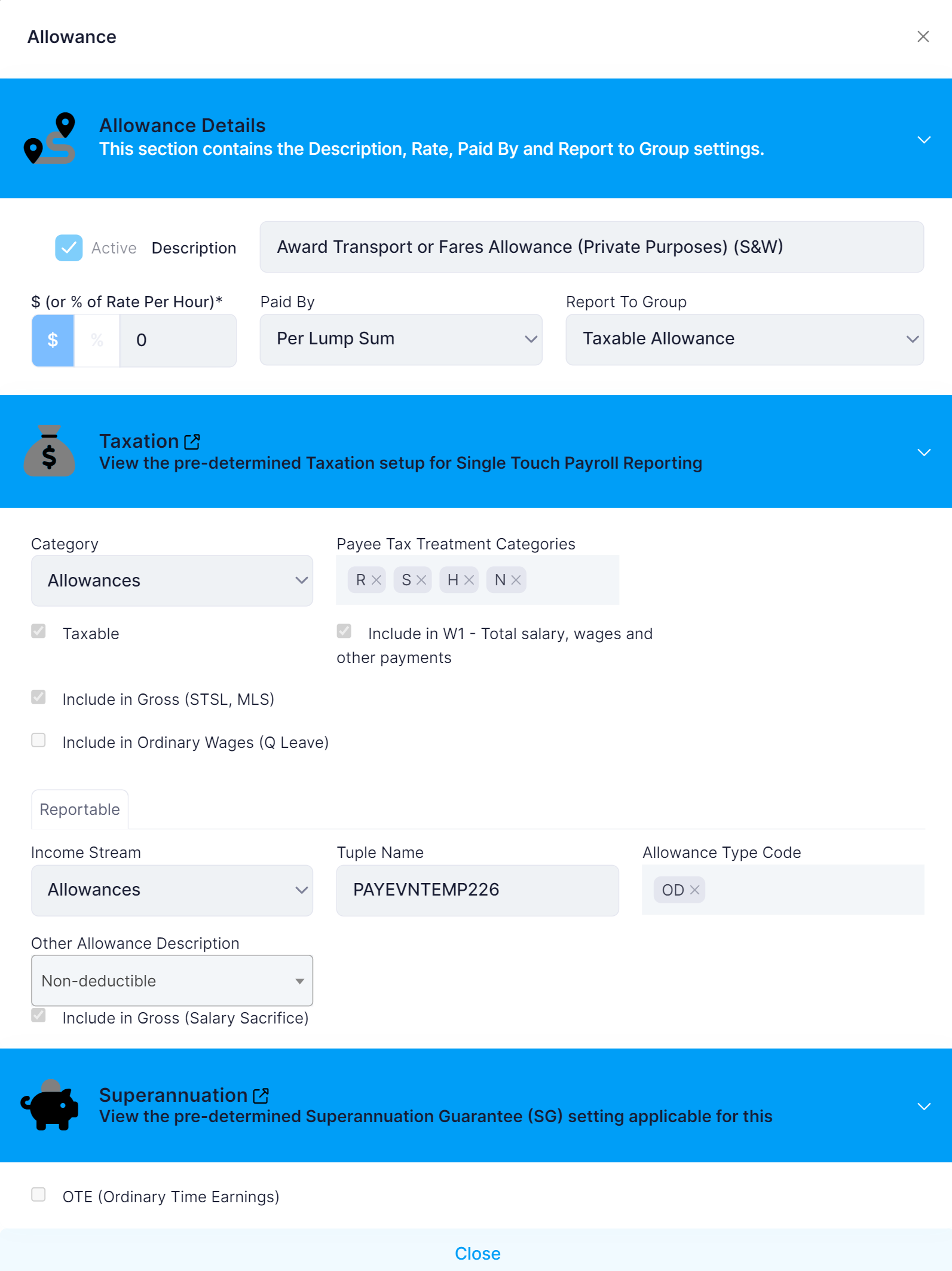 Award Transport or Fares Allowance (Private Purposes) (S&W) ePayDay