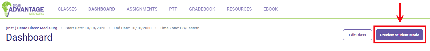 A red arrow and a red box call attention to the Preview Student Mode button.