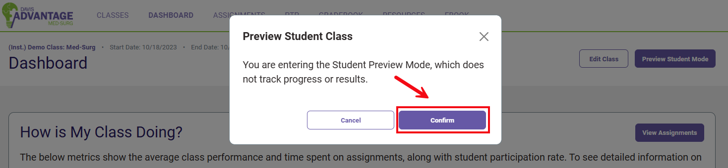 A red box and arrow highlight the Confirm option for the student preview.