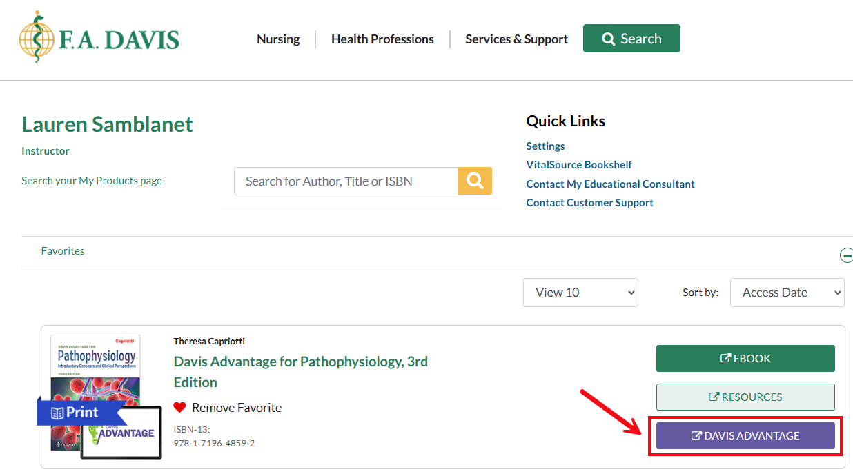 A red box and arrow highlight the Davis Advantage button option on fadavis.com.