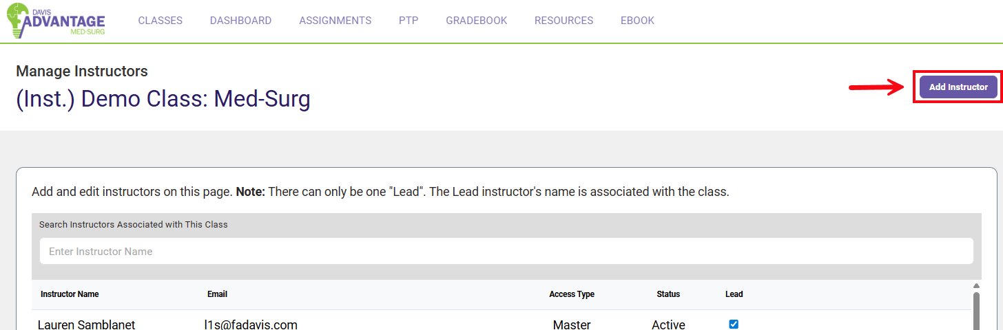A red box and red arrow draw attention to the Add Instructor button that when clicked allows an instructor to add one or more co-instructors to the class.