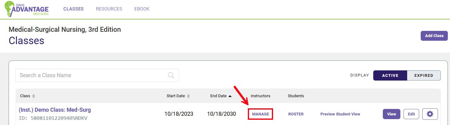 A red box and red arrow call attention to the Manage button that allows you to add more instructors to a class.