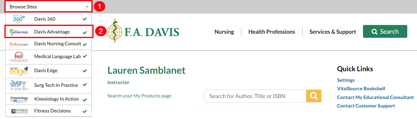 Red numbers highlight the instructor "Browse Sites" dropdown menu (1) and the "Davis Advantage" option (2).