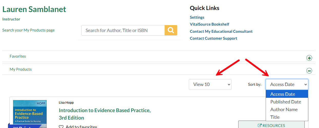 Two red arrows highlight the drop-down menu options on fadavis.com that allow you to change how many products you are viewing and to change the sorting parameters.