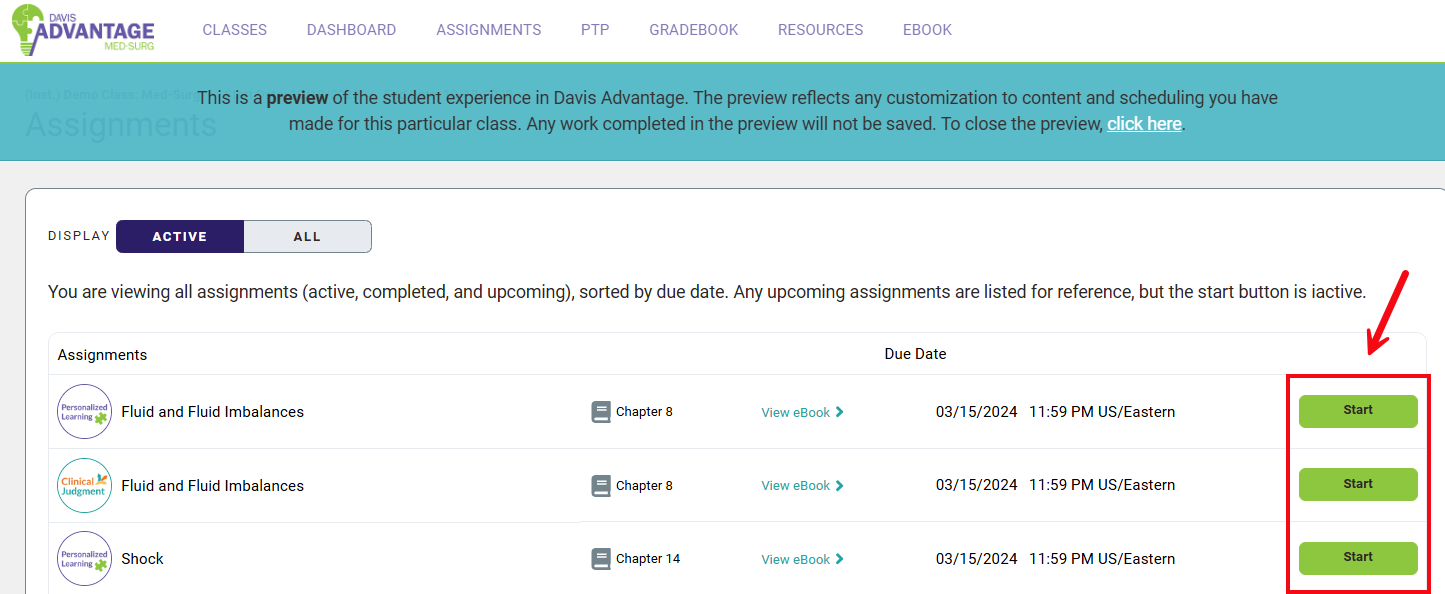 A red box and a red arrow highlight the Start button used to open an assignment in the Student Preview mode.