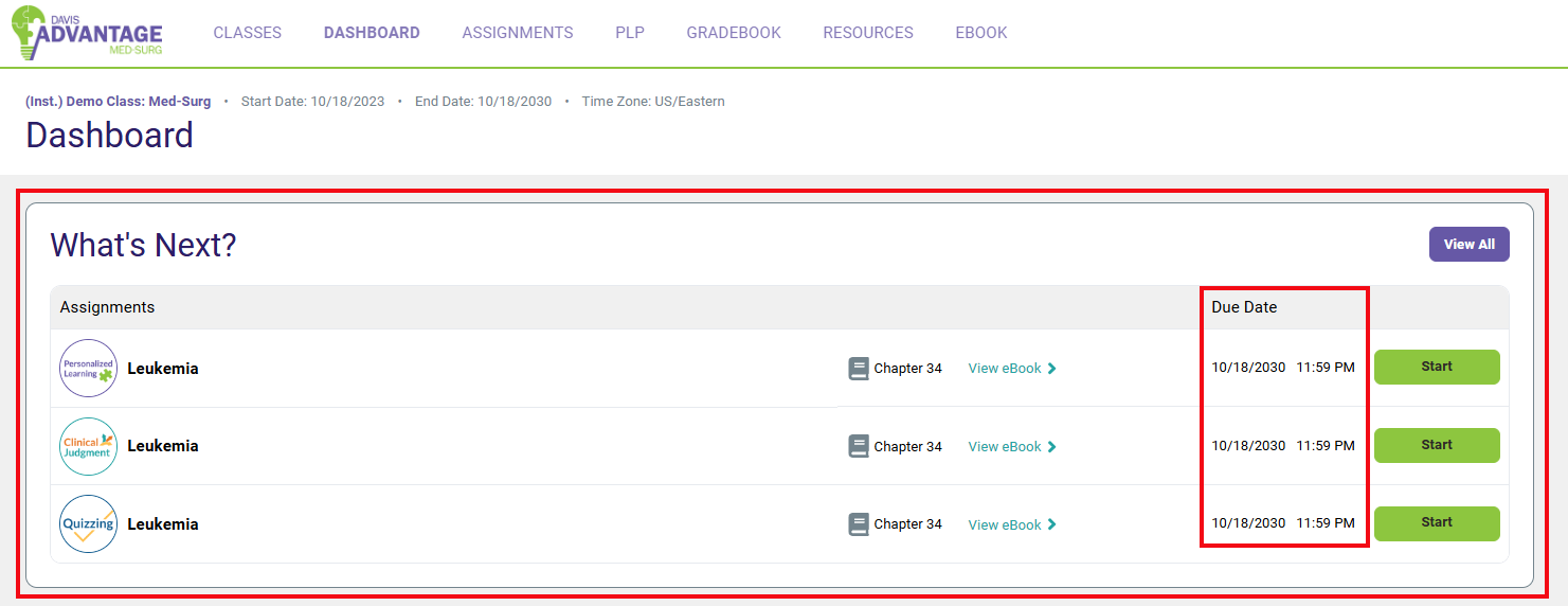 Two red boxes call attention to the What's Next section in Davis Advantage and to the Due Date for assignments.