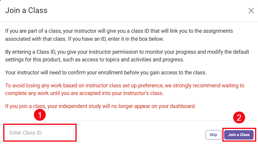 Red boxes and numbers highlight these options: The Class ID box (1) and the Join a Class button (2).