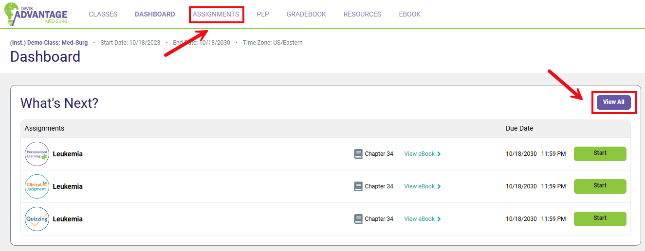 Red boxes and and arrows highlight the Assignments link and the View All button.