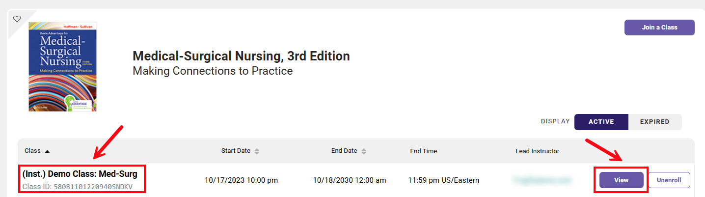 Red boxes and arrows highlight the Class name and ID, and the View button.