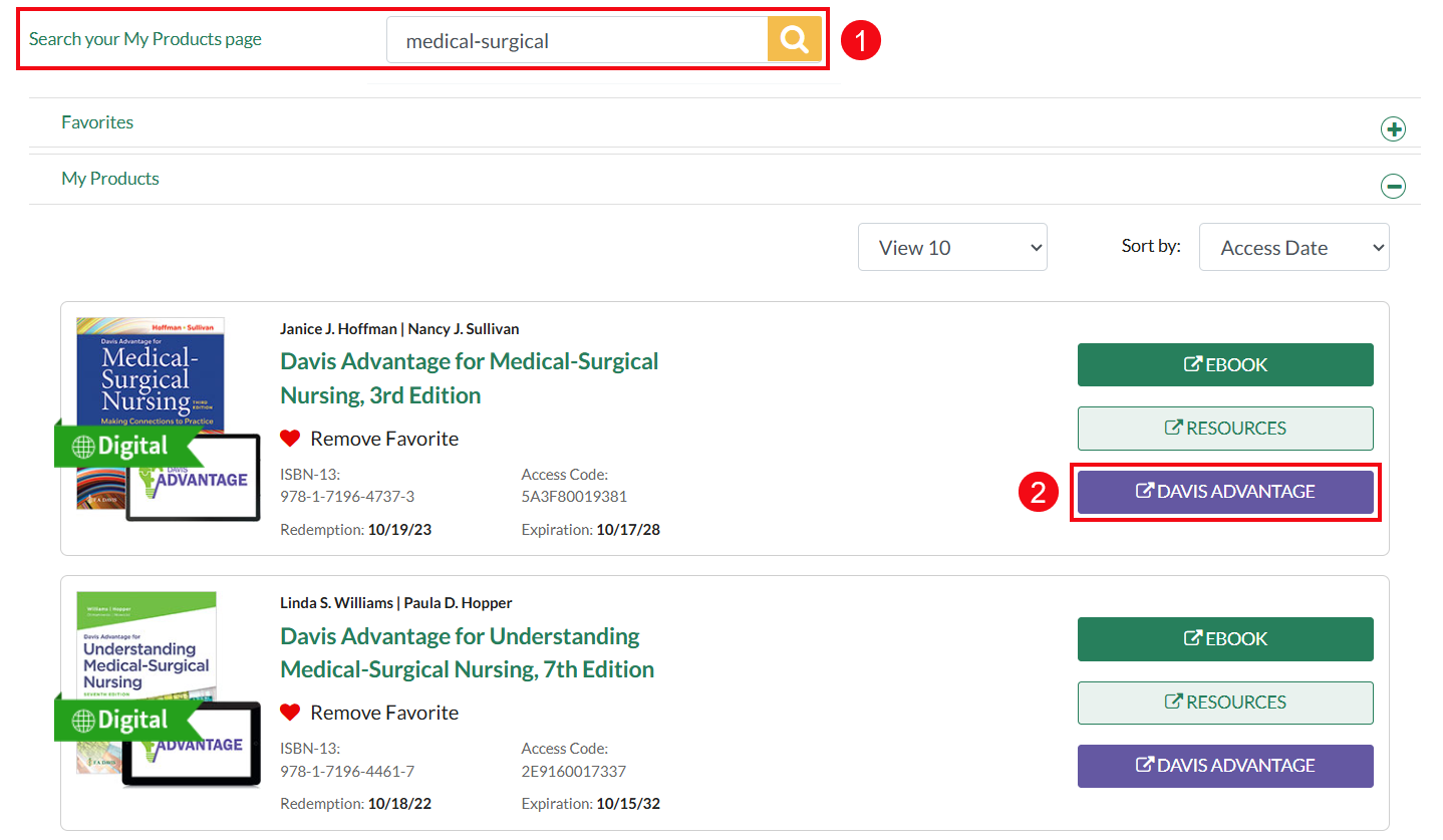 Red boxes and red numbers call attention to the options: Search your My Products page (1) and the Davis Advantage button (2)
