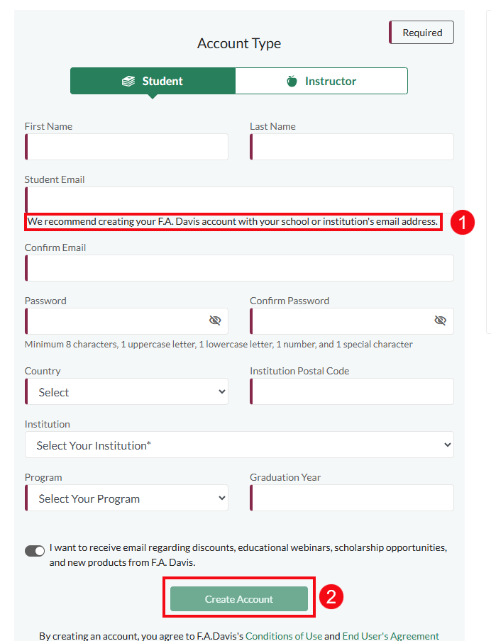 Red boxes and arrows highlight the following: Recommendation of creating F.A. Davis account with school or institution's email address (1) and Click Create Account to create account (2)
