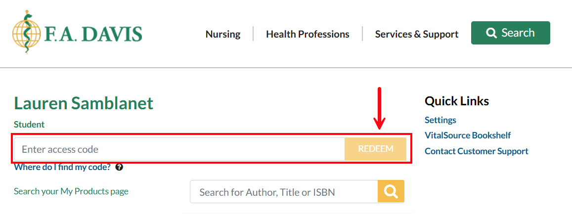 A red box and a red arrow highlight the Enter Access Code area and the Redeem button