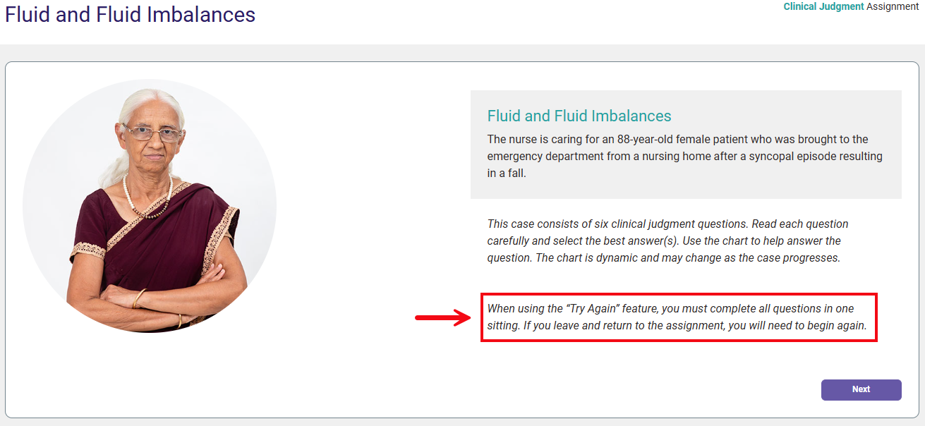 A red box and arrow call attention to the additional assignment instructions for Clinical Judgement Assignments shown while using the Try Again feature.