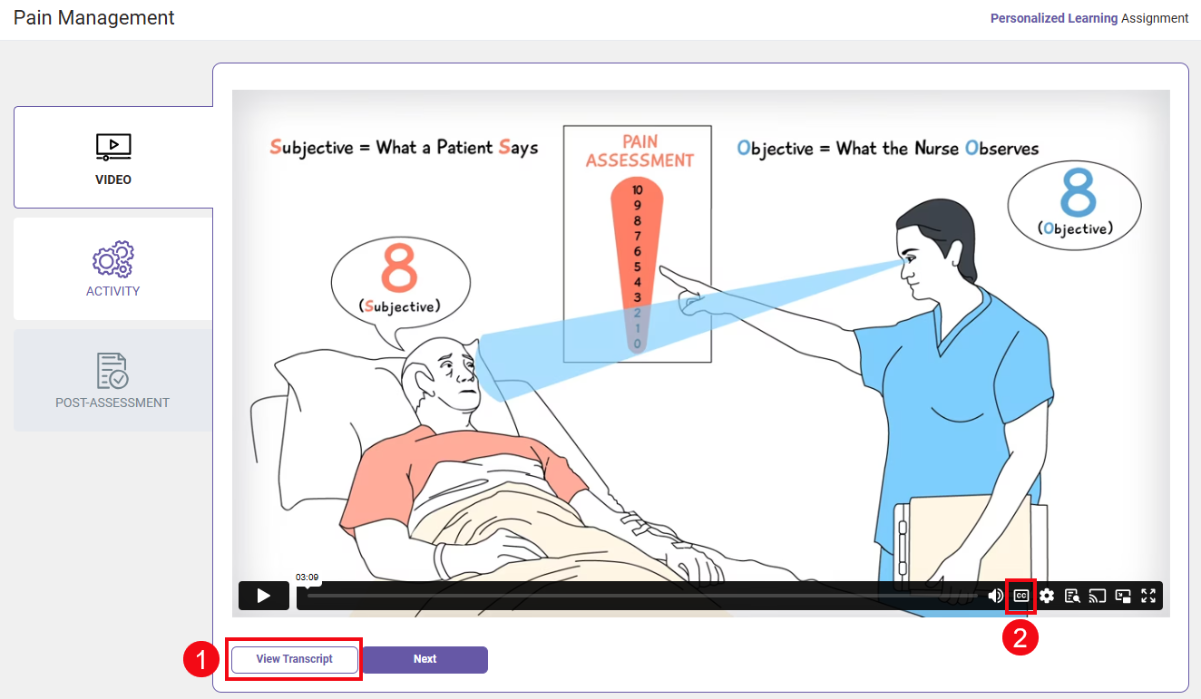 Red boxes and numbers highlight these options: the View Transcript button (1) and the Closed Caption (CC) option (2).