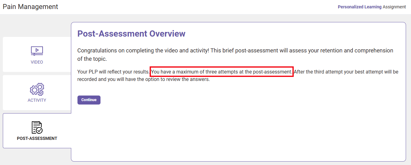 A red box highlights the text that lets students know how many attempts they have on the post-assessment.