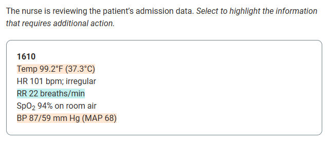 The hotspot question in a Clinical Judgement, showing the highlighting feature.