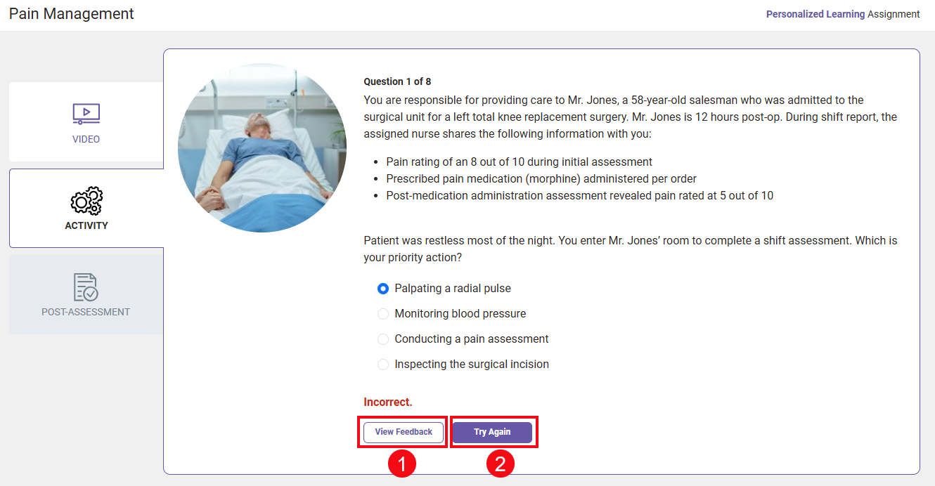 Red boxes and numbers call attention to the View Feedback button (1) and the Try Again button (2).