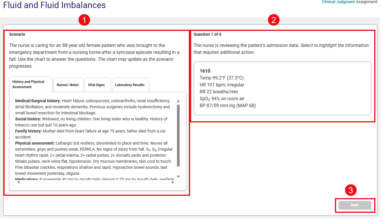 Red boxes and numbers call attention to the Patient Chart and Summary (1), the questions (2) and the Next button (3).