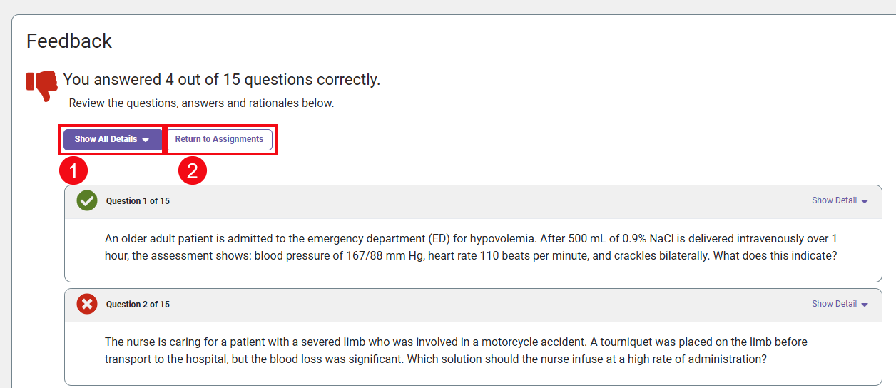 Red boxes and numbers highlight the Show All Details button (1) and the Return to Assignments button (2).