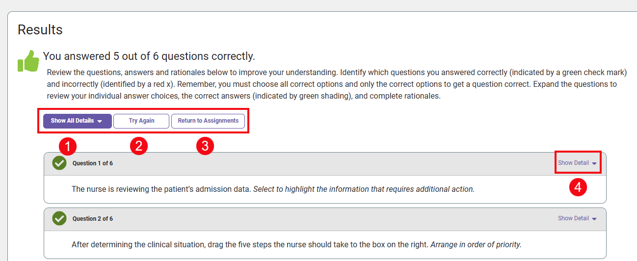 Red boxes and numbers highlight the Show All Details button (1), the Try Again button (2), the Return to Assignments button (3), and the Show All Detail option (4).