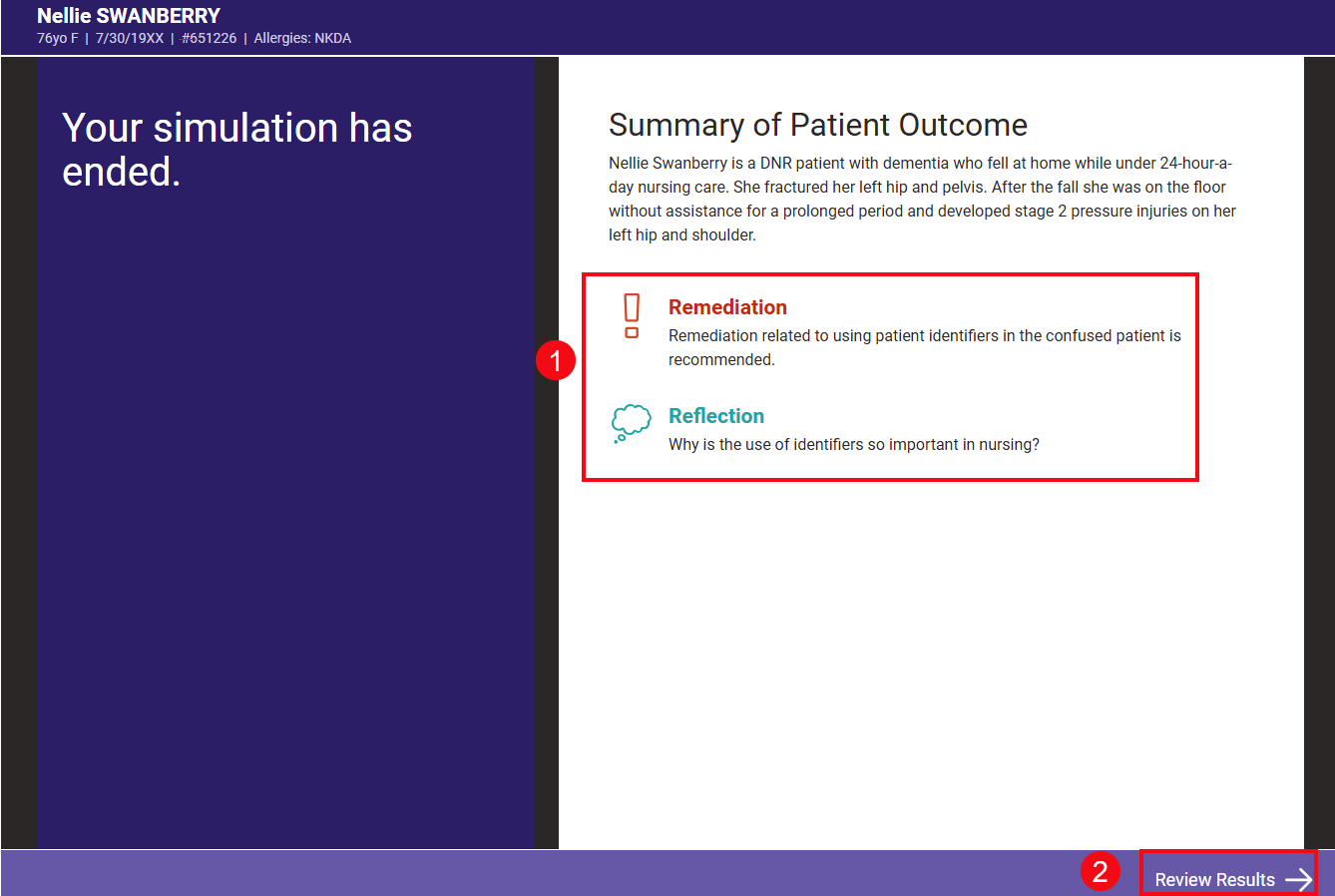 Red boxes and numbers call attention to the Remediation and Reflection section (1) and the Review Results option (2).