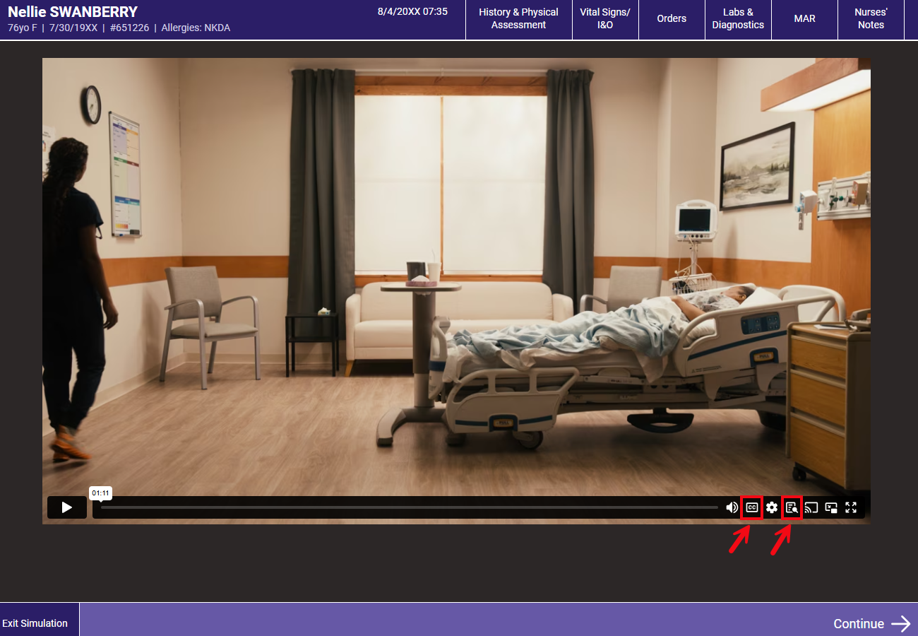 Red boxes and arrows point to the Closed Caption and Transcript icons for Simulation videos.