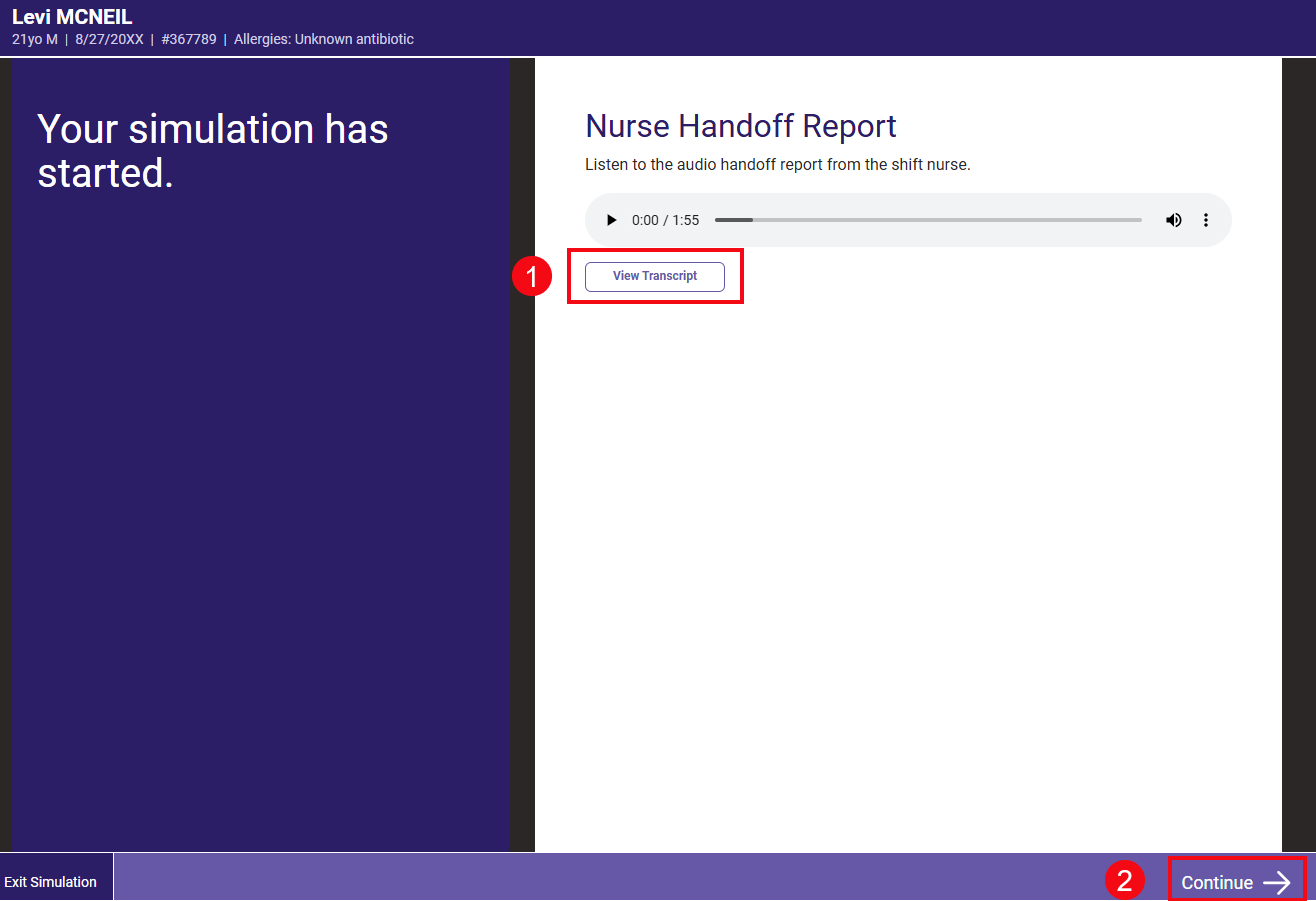 Red boxes and numbers highlight the View Transcript button (1) and the Continue link (2) on the Nurse Handoff Report page.