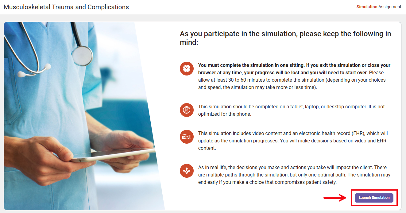 A red box and a red arrow highlight the Launch Simulation button which starts the assignment.