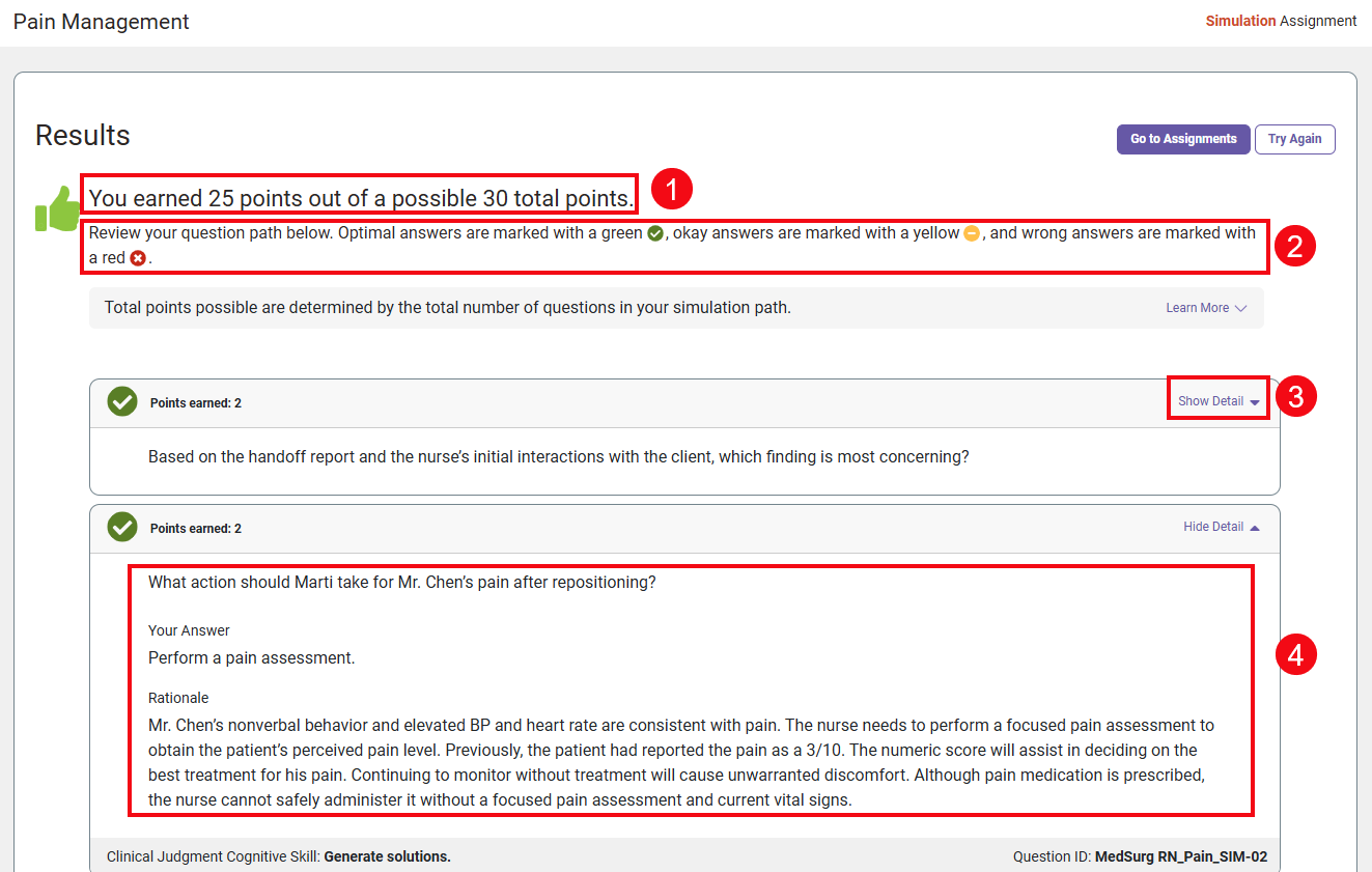 Red boxes and numbers show the number of points earned out of the total (1), the grading metrics for each answer type (2), the Show Detail option (3) and the question feedback for a question (4).