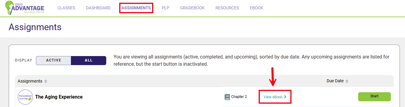 Red boxes and arrows highlight the Assignments option and the View eBook link.