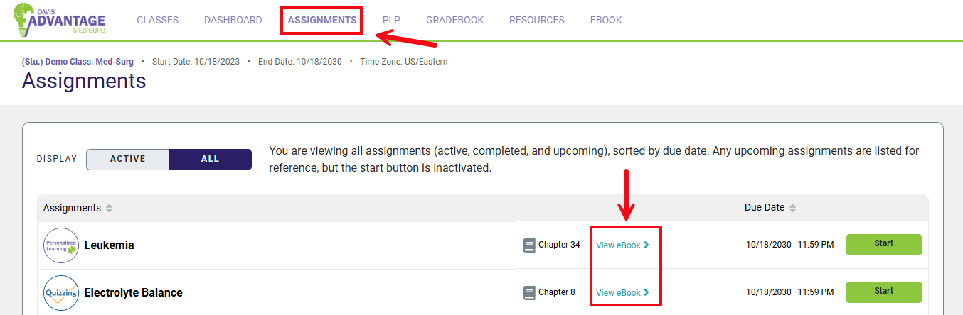 Red boxes and arrows highlight the Assignments header option and the View eBook link.
