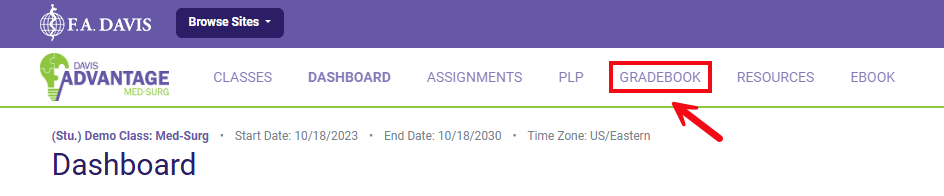 A red box and arrow highlight the Gradebook link in Davis Advantage.