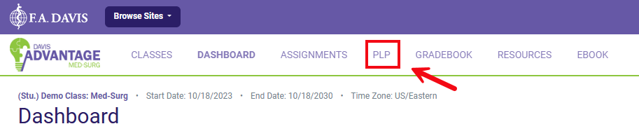 A red box and arrow point to the PLP link in Davis Advantage.
