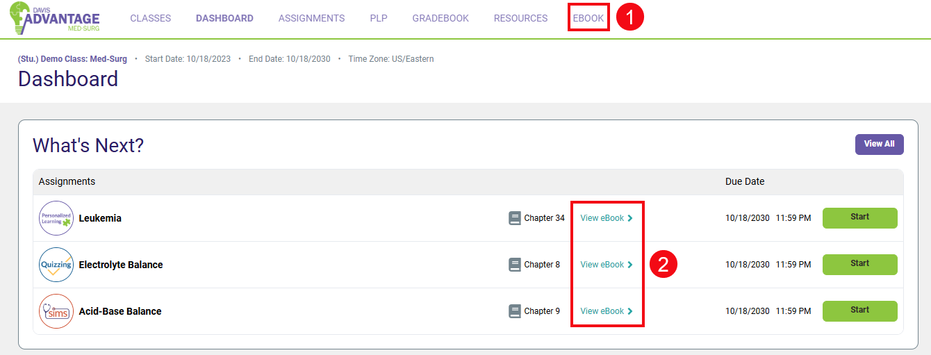 Red boxes and numbers highlight the EBOOK link (1) and the View eBook button (2) in Davis Advantage.