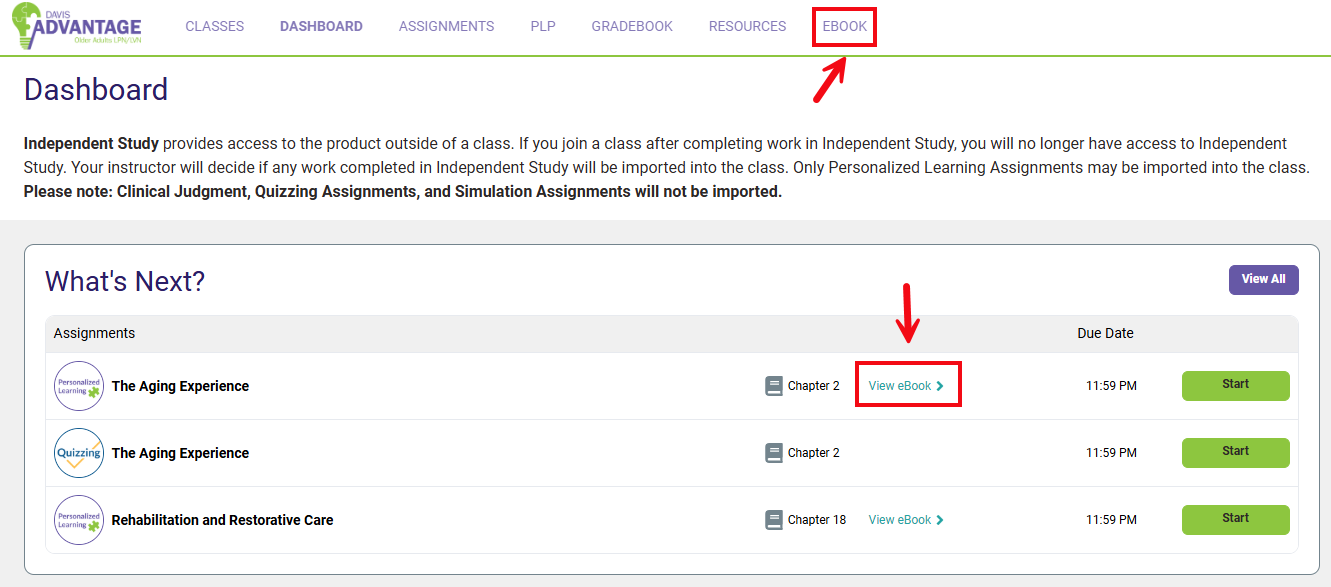 Red boxes and arrows highlight the EBOOK link in the header and the View eBook link.