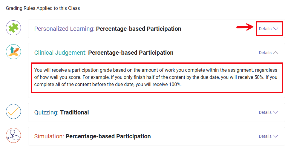 Red boxes and an arrow call attention to the Details option in the Gradebook that, when clicked, displays the grading rules for each assignment type.