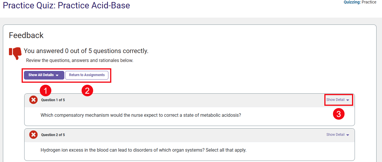 Red boxes and numbers highlight the Show all Details button (1), the Return to Assignments button (2) and the Show options for an individual question (3).