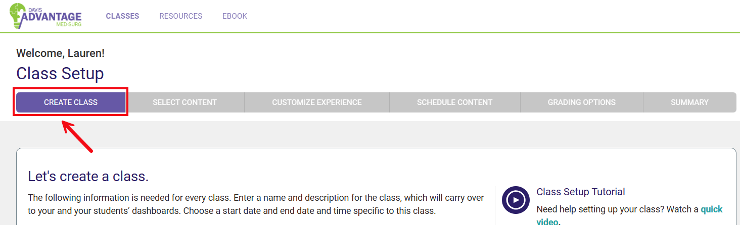 A red box and arrow call attention to the Create Class step for the Class Setup screens.