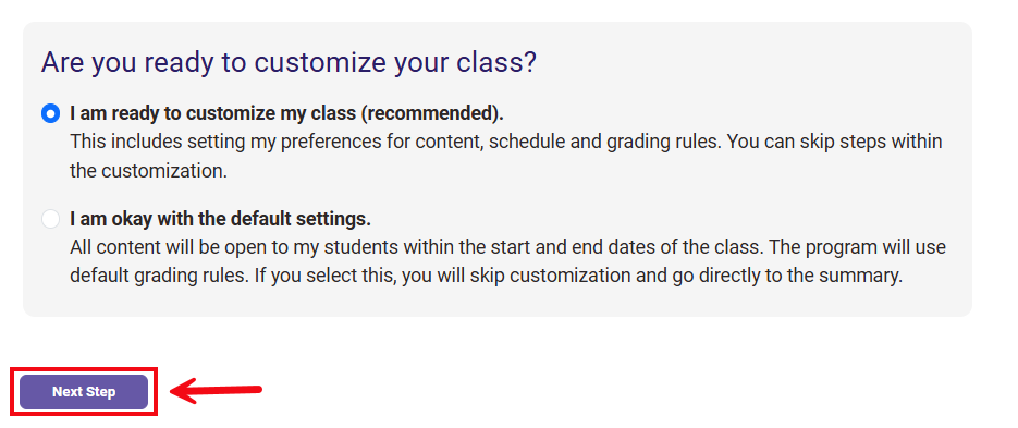 A red box and arrow highlight the next step option which must be clicked to save changes.